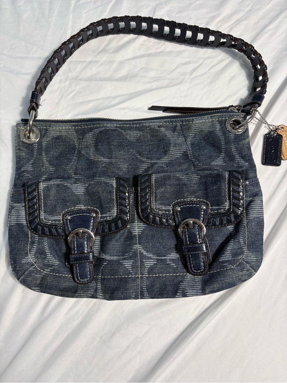 VTG Y2K coach denim poppy double pocket buckle shoulder bag 13x9 in